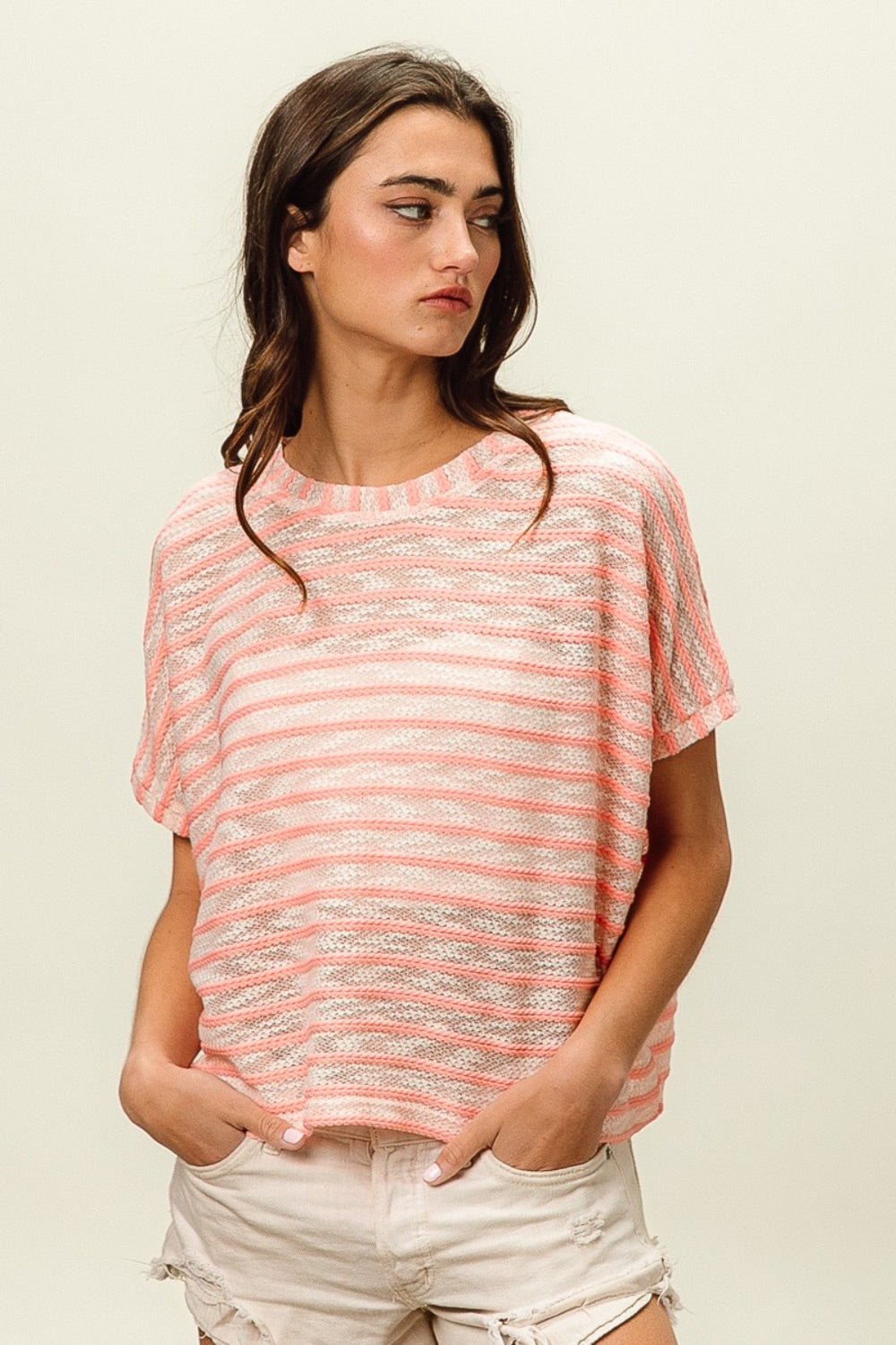 BiBi Braid Striped Short Sleeve Round Neck T - Shirt - Jaazi Intl