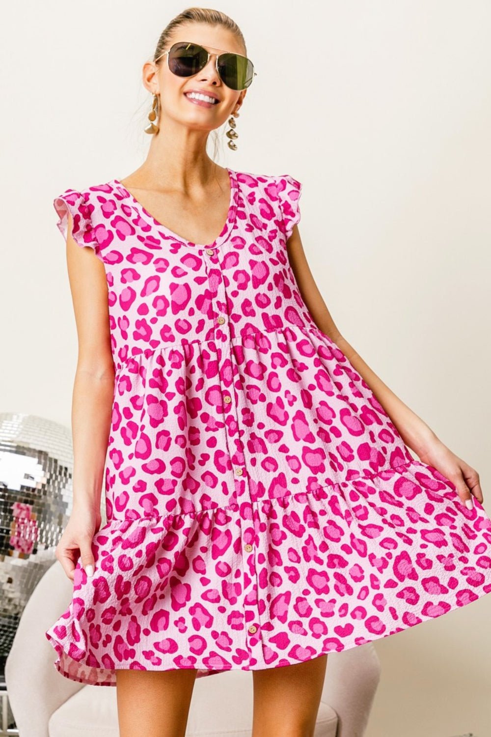 BiBi Leopard Cap Sleeve Tiered Mini Dress - Jaazi Intl