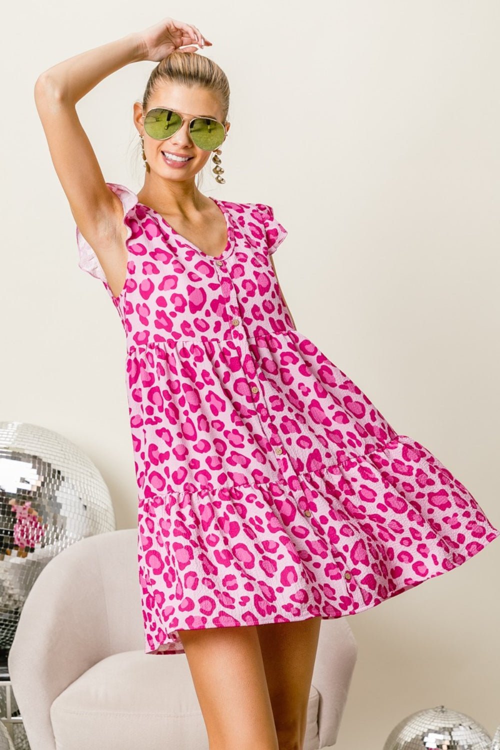 BiBi Leopard Cap Sleeve Tiered Mini Dress - Jaazi Intl