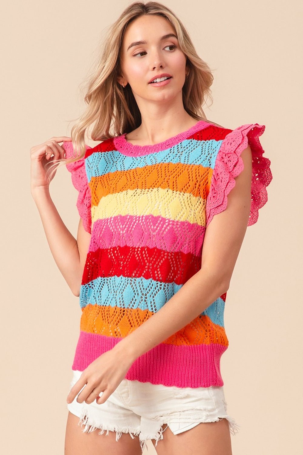 BiBi Pointelle Striped Ruffled Knit Top - Jaazi Intl