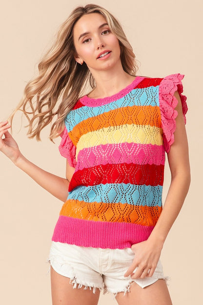 BiBi Pointelle Striped Ruffled Knit Top - Jaazi Intl