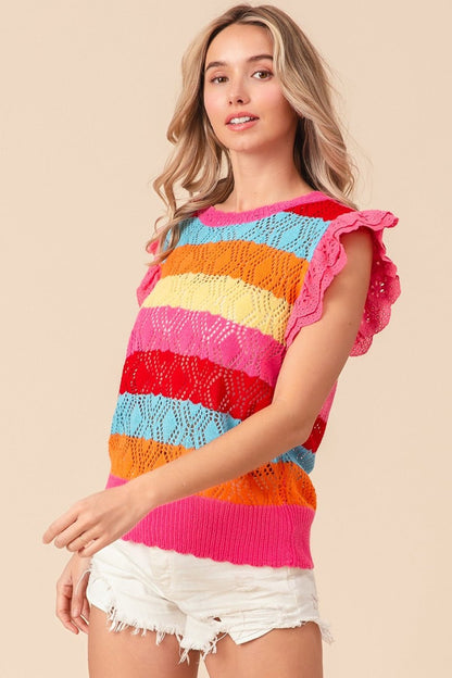 BiBi Pointelle Striped Ruffled Knit Top - Jaazi Intl