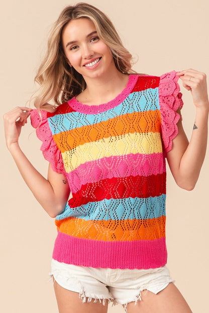 BiBi Pointelle Striped Ruffled Knit Top - Jaazi Intl