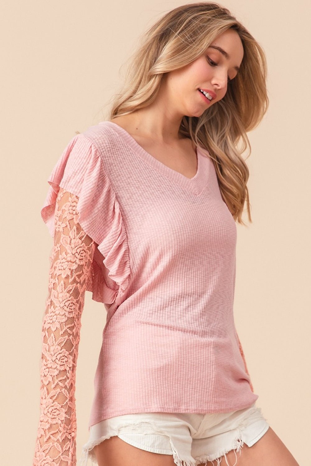 BiBi Ruffled Lace Sleeve Rib Knit Top - Jaazi Intl