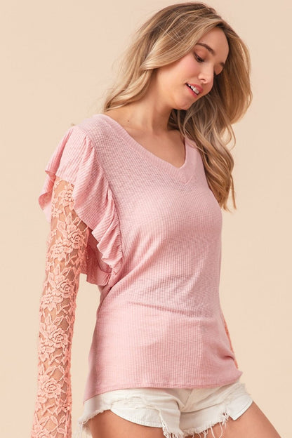 BiBi Ruffled Lace Sleeve Rib Knit Top - Jaazi Intl