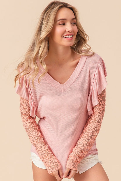 BiBi Ruffled Lace Sleeve Rib Knit Top - Jaazi Intl