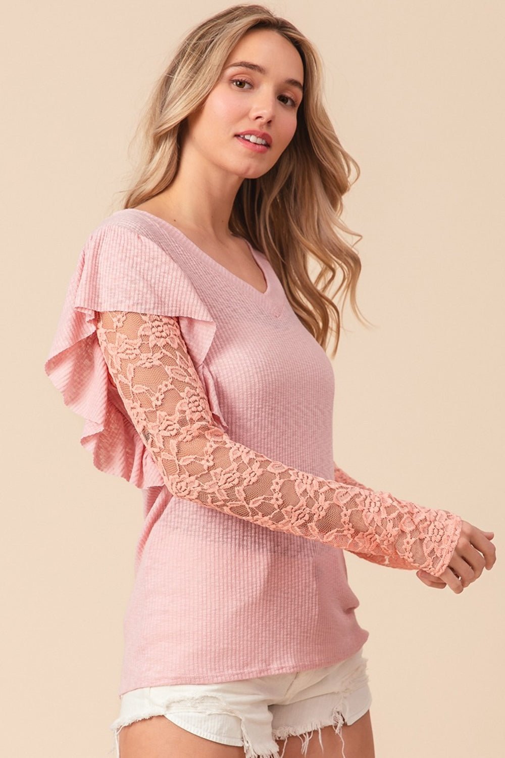 BiBi Ruffled Lace Sleeve Rib Knit Top - Jaazi Intl