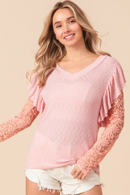 BiBi Ruffled Lace Sleeve Rib Knit Top - Jaazi Intl