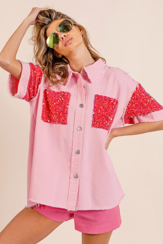 BiBi Sequin Detail Raw Hem Short Sleeve Shirt - Jaazi Intl