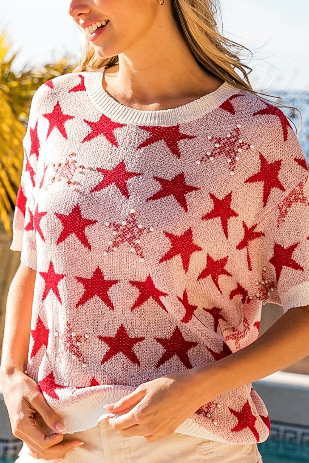 BiBi Star Pattern Round Neck Short Sleeve Knit Top - Jaazi Intl