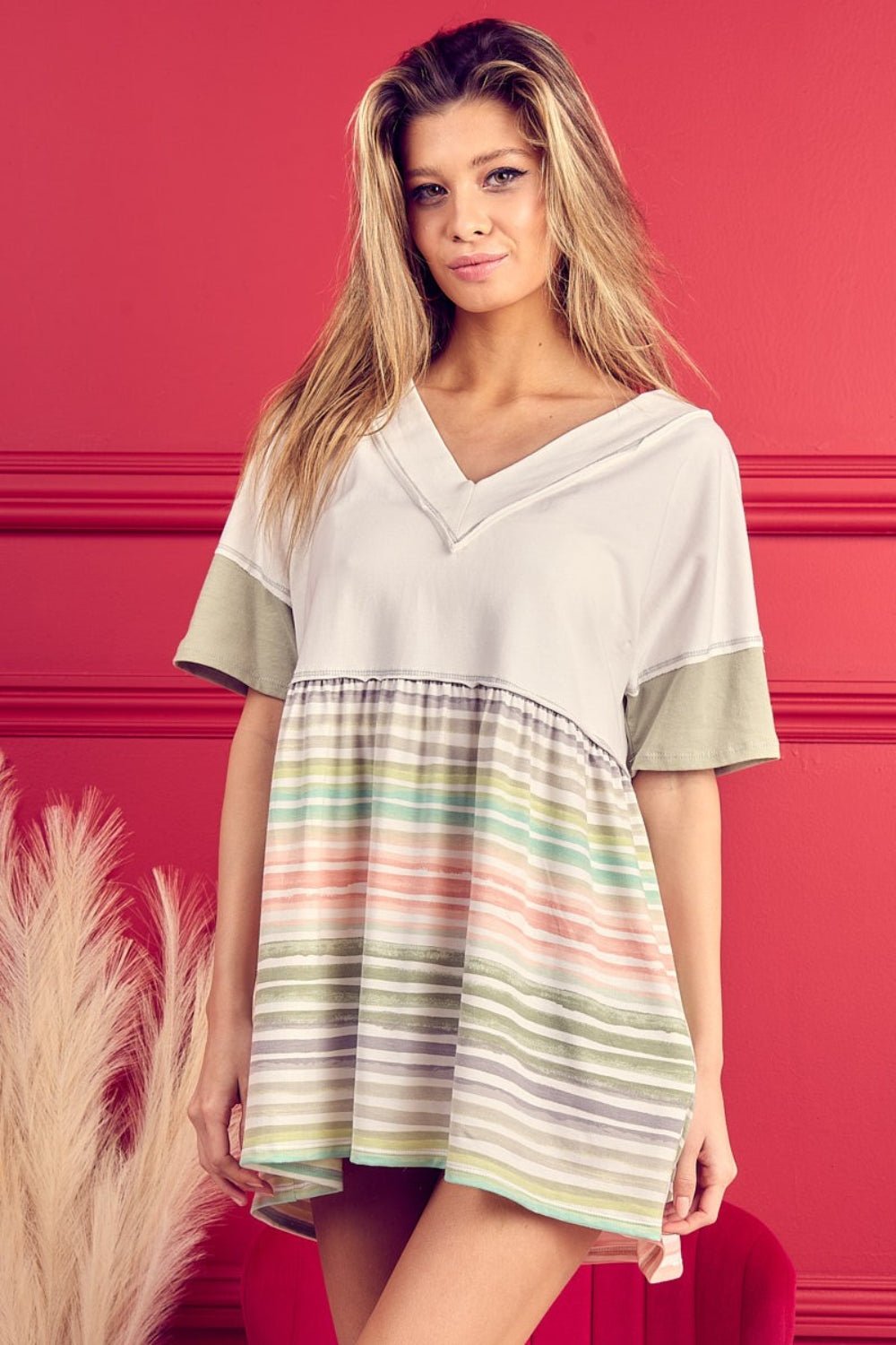 BiBi Striped Exposed Seam V - Neck Short Sleeve Blouse - Jaazi Intl