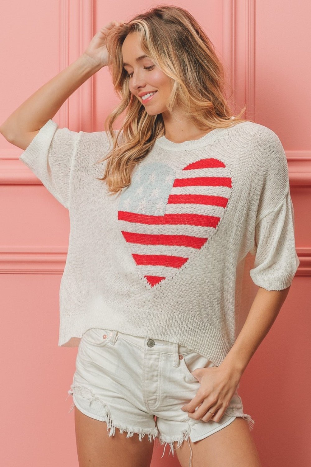 BiBi Striped Heart Contrast Knit Top - Jaazi Intl