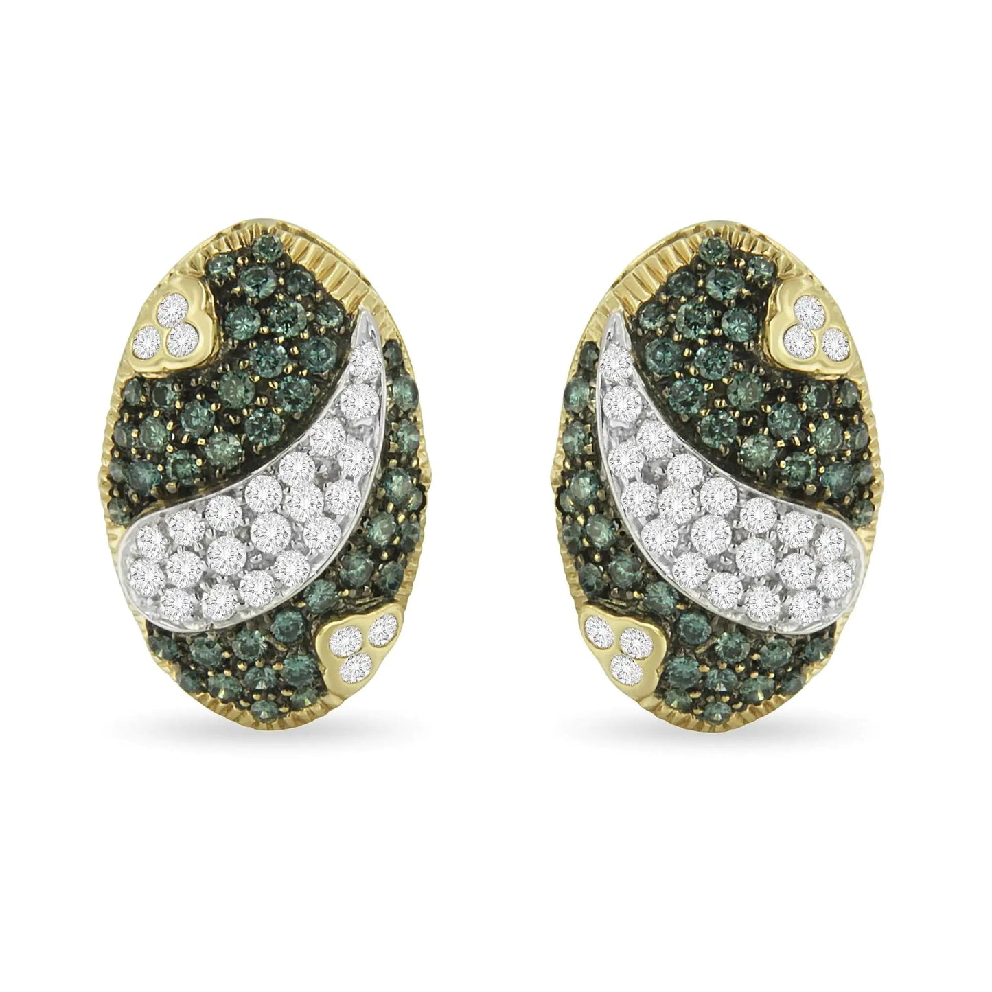 Black and White Rhodium over 14K Yellow Gold 2 - 1/10 Cttw White and Blue Diamond Oval Omega Back Stud Earrings (H - I and Blue Color, SI1 - SI2 Clarity) - Jaazi Intl