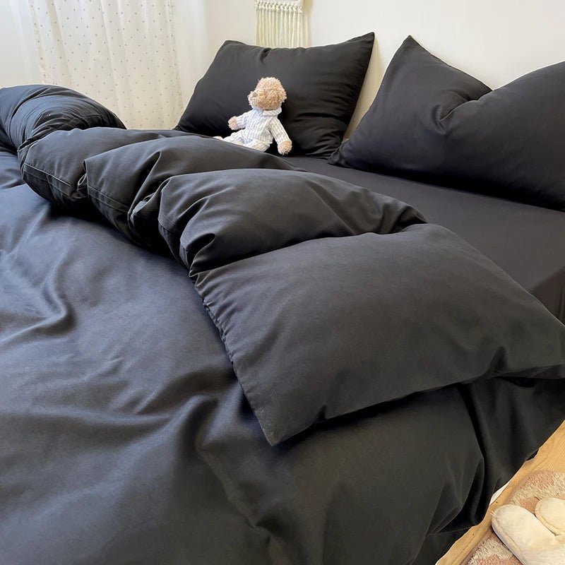 Black Bedding Set Soft Bed Linen Set Washed Cotton Duvet Cover Pillowcase and Bedsheet постельное бельё набор Home Bedclothes - Jaazi Intl