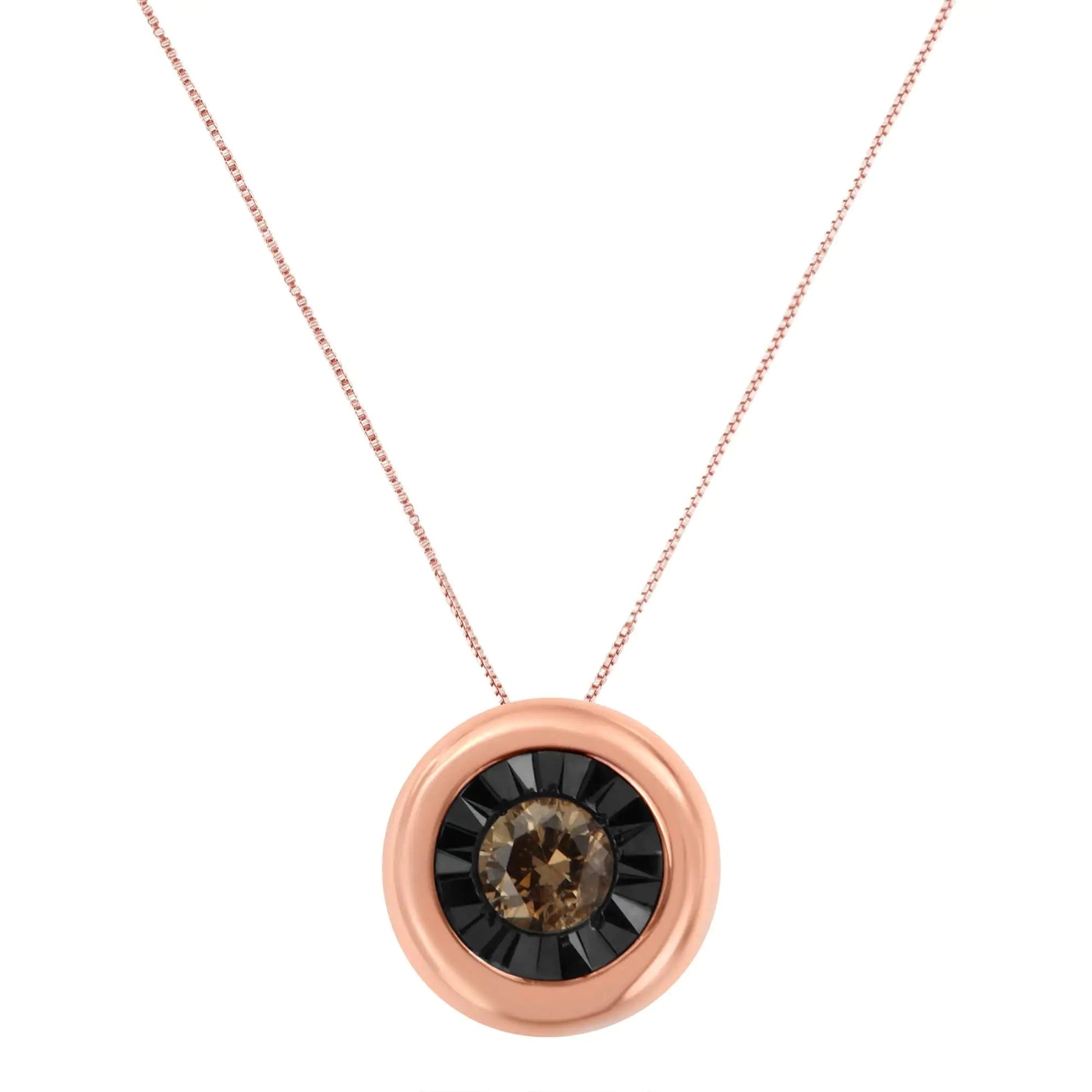 Black Rhodium over 10K Rose Gold 1/10 Carat Diamond Two Tone Round Miracle - Plate Solitaire 18” Pendant Necklace (Champagne Color, I2 - I3 Clarity) - Jaazi Intl