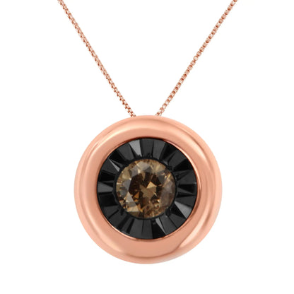 Black Rhodium over 10K Rose Gold 1/10 Carat Diamond Two Tone Round Miracle - Plate Solitaire 18” Pendant Necklace (Champagne Color, I2 - I3 Clarity) - Jaazi Intl