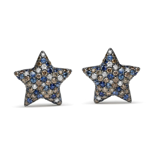 Black Rhodium Plated 18K White Gold 1.00 Cttw Diamond and Round Blue Sapphire Gemstone Micro - Pave Star Stud Earrings (Brown and G - H Color, SI1 - SI2 Clarity) - Jaazi Intl