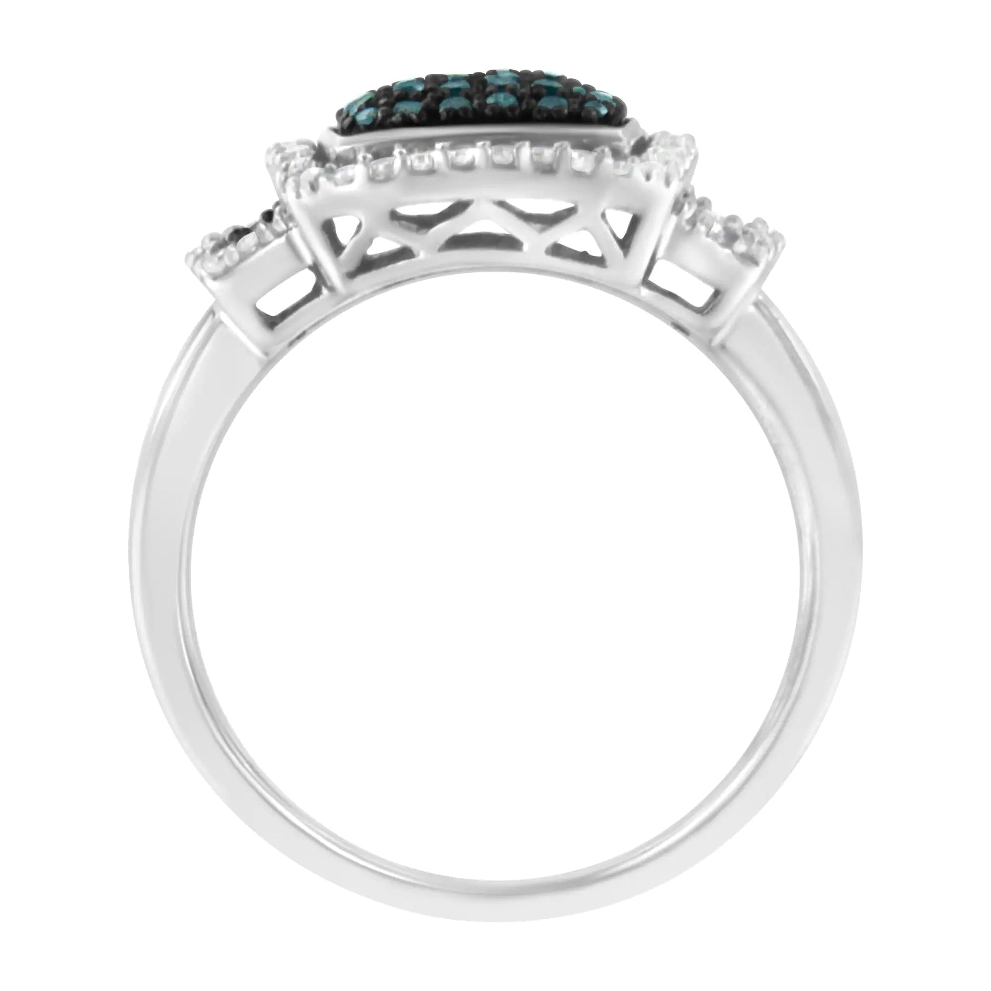 Black Rhodium Plated .925 Sterling Silver 1/2 Cttw White & Blue Diamond Square Halo Cocktail Ring (Fancy Blue & H - I Color, I2 - I3 Clarity) - Jaazi Intl