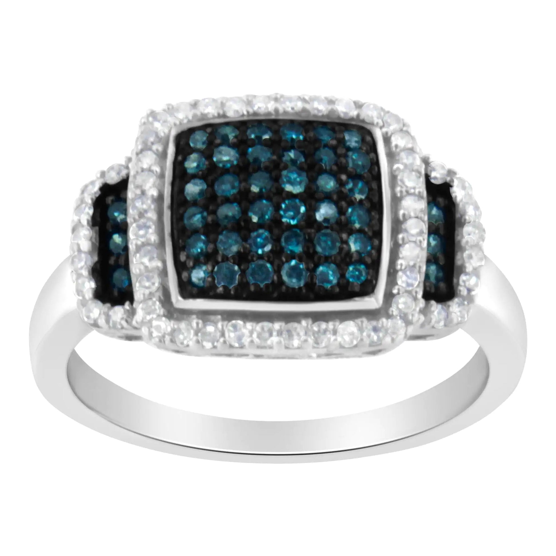 Black Rhodium Plated .925 Sterling Silver 1/2 Cttw White & Blue Diamond Square Halo Cocktail Ring (Fancy Blue & H - I Color, I2 - I3 Clarity) - Jaazi Intl