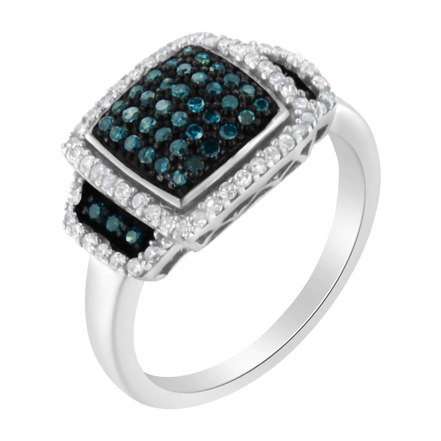 Black Rhodium Plated .925 Sterling Silver 1/2 Cttw White & Blue Diamond Square Halo Cocktail Ring (Fancy Blue & H - I Color, I2 - I3 Clarity) - Jaazi Intl