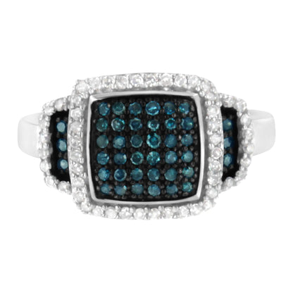 Black Rhodium Plated .925 Sterling Silver 1/2 Cttw White & Blue Diamond Square Halo Cocktail Ring (Fancy Blue & H - I Color, I2 - I3 Clarity) - Jaazi Intl