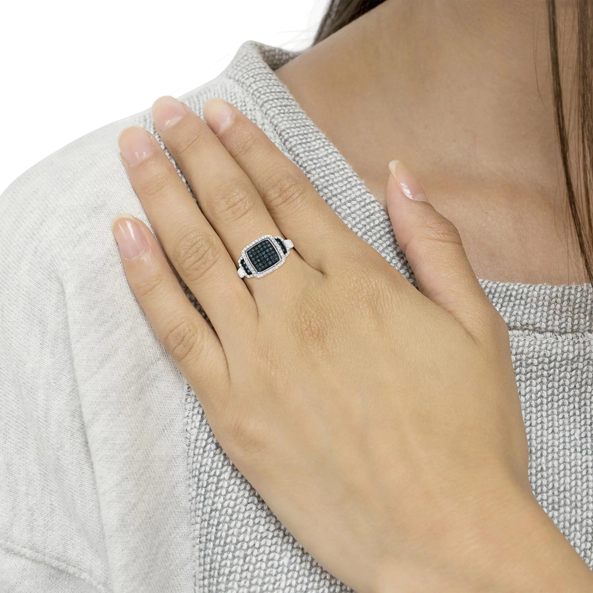 Black Rhodium Plated .925 Sterling Silver 1/2 Cttw White & Blue Diamond Square Halo Cocktail Ring (Fancy Blue & H - I Color, I2 - I3 Clarity) - Jaazi Intl