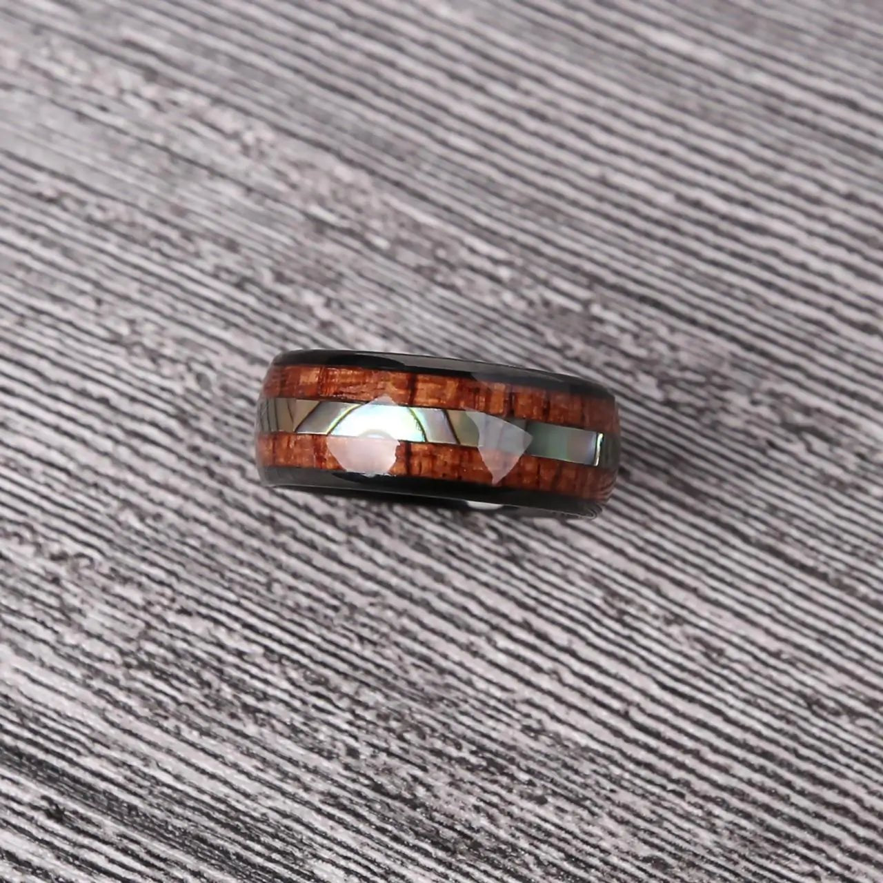 Black Tungsten Abalone and Koa Wood Ring - Jaazi Intl