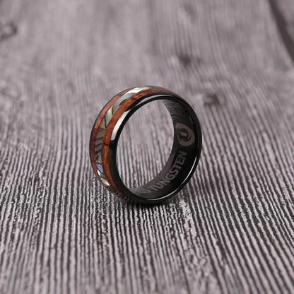 Black Tungsten Abalone and Koa Wood Ring - Jaazi Intl