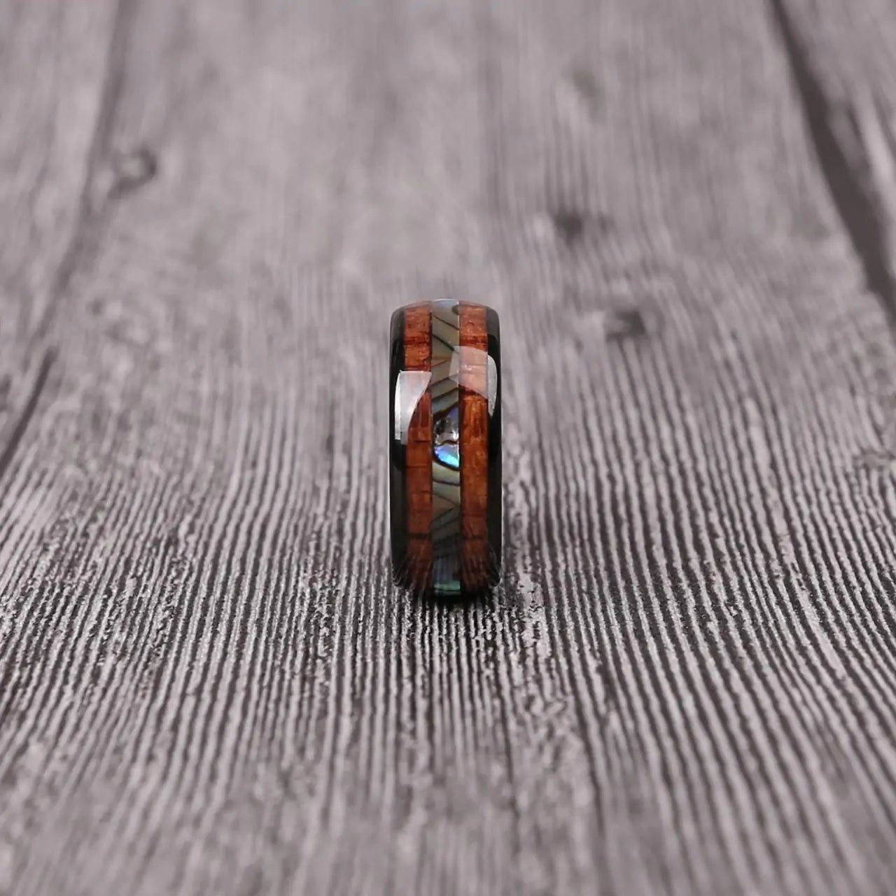 Black Tungsten Abalone and Koa Wood Ring - Jaazi Intl