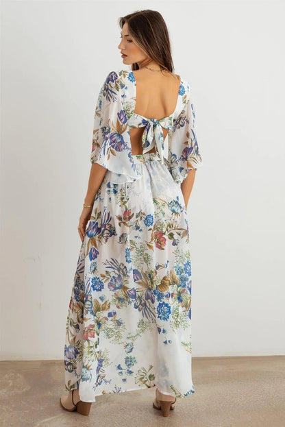 Boho Flower Criss - Cross O - Ring Side Slit Maxi Dress - Jaazi Intl