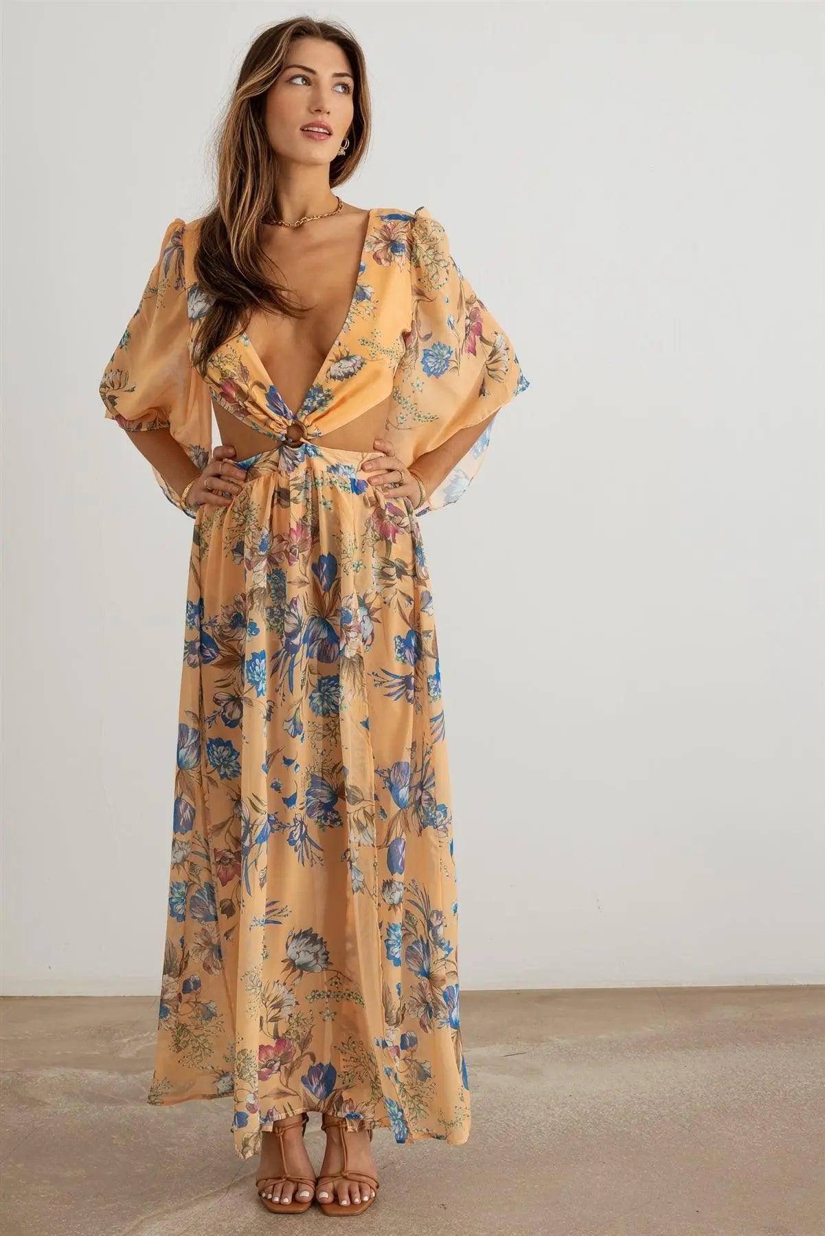 Boho Flower Criss - Cross O - Ring Side Slit Maxi Dress - Jaazi Intl