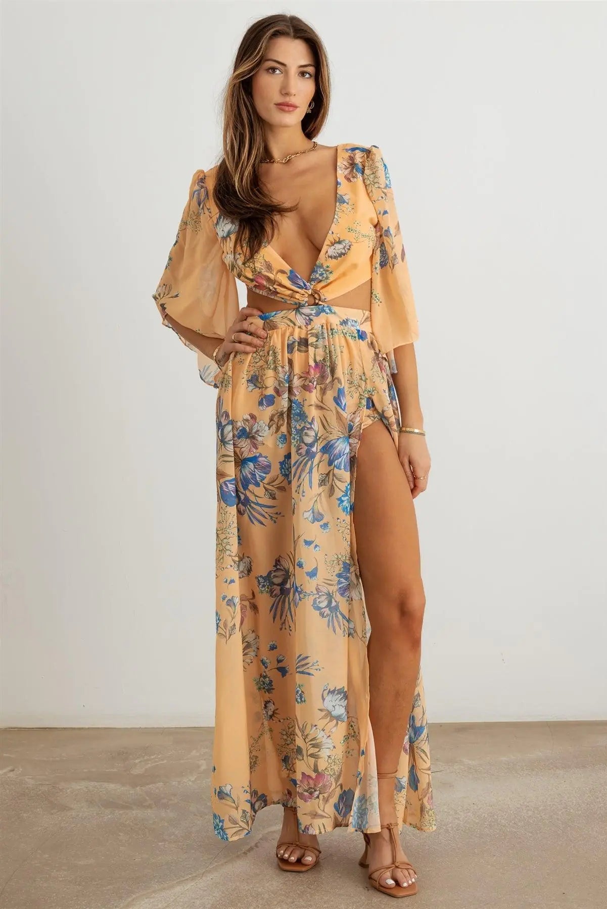 Boho Flower Criss - Cross O - Ring Side Slit Maxi Dress - Jaazi Intl