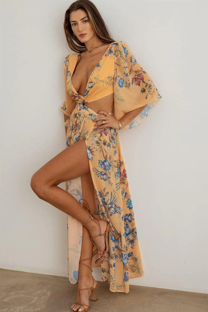 Boho Flower Criss - Cross O - Ring Side Slit Maxi Dress - Jaazi Intl