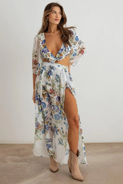 Boho Flower Criss - Cross O - Ring Side Slit Maxi Dress - Jaazi Intl