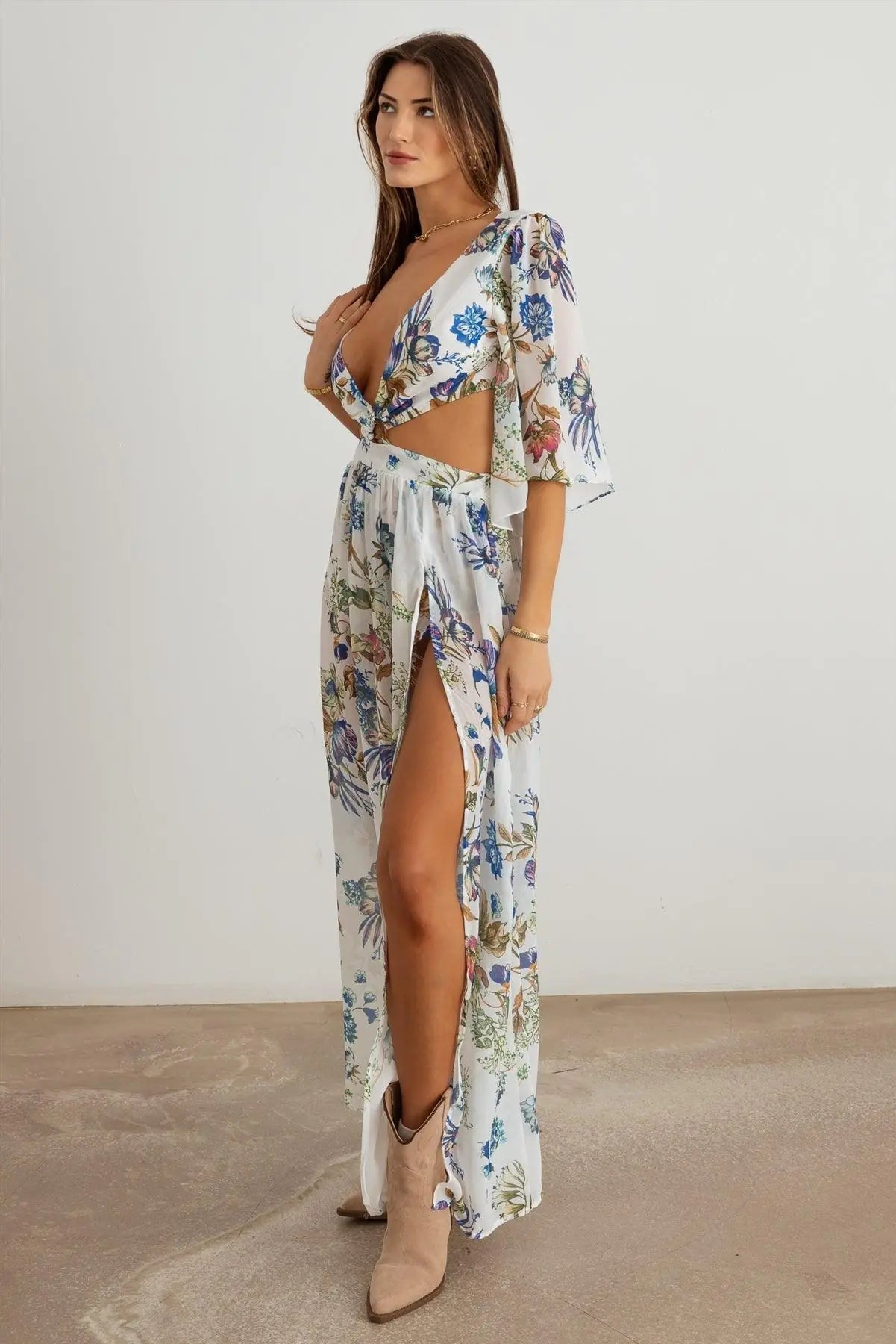 Boho Flower Criss - Cross O - Ring Side Slit Maxi Dress - Jaazi Intl