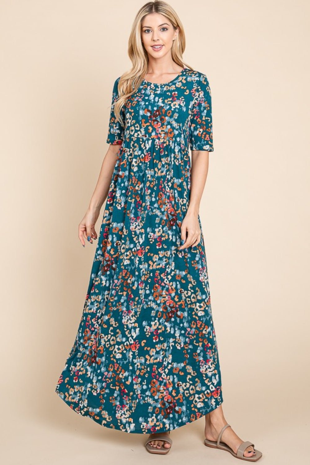 BOMBOM Printed Shirred Maxi Dress - Jaazi Intl