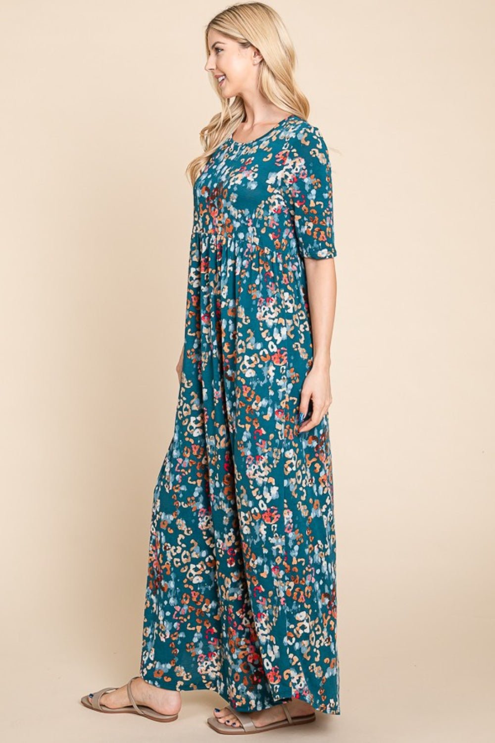 BOMBOM Printed Shirred Maxi Dress - Jaazi Intl