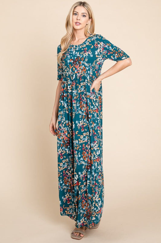 BOMBOM Printed Shirred Maxi Dress - Jaazi Intl