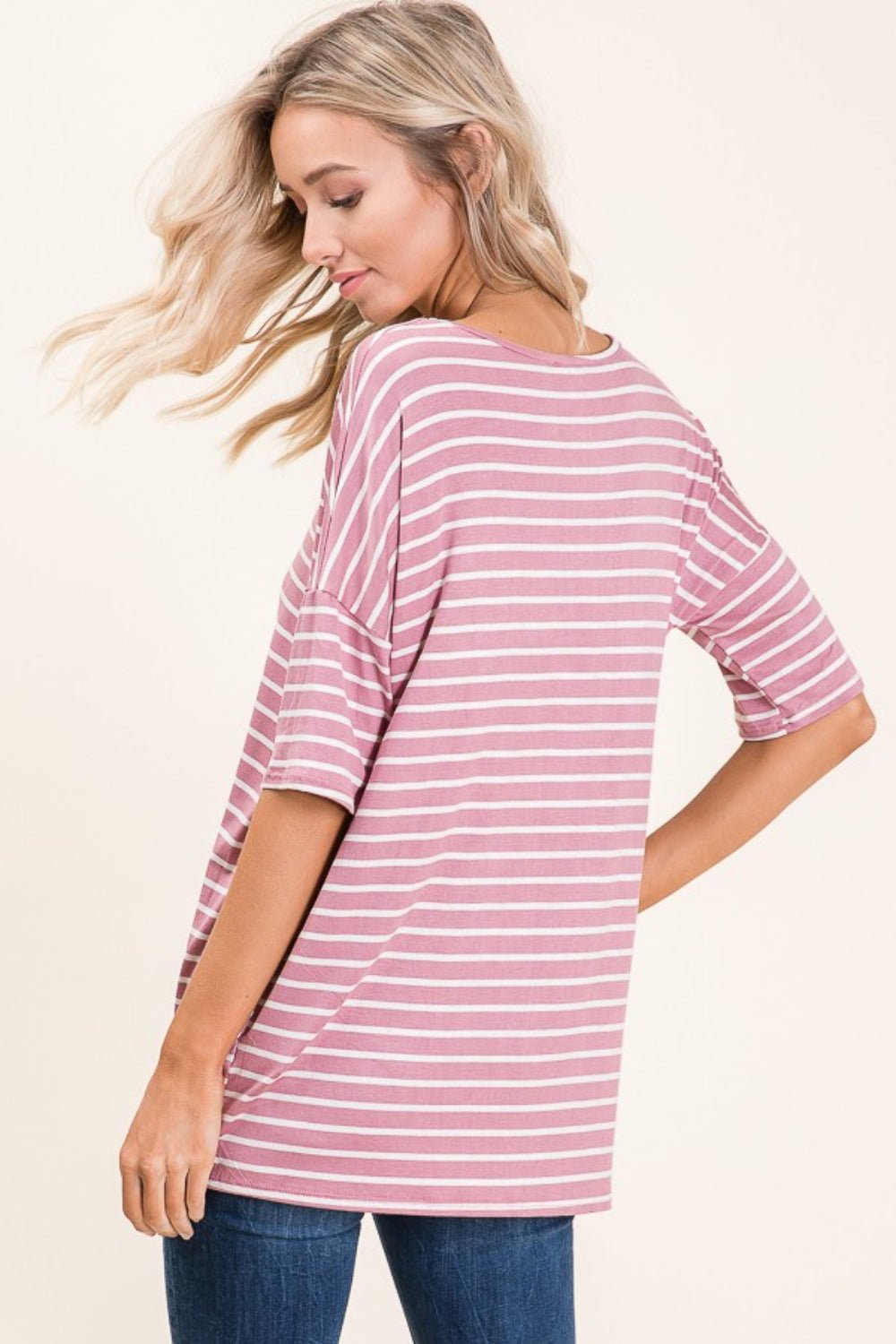 BOMBOM Striped Round Neck Half Sleeve T - Shirt - Jaazi Intl