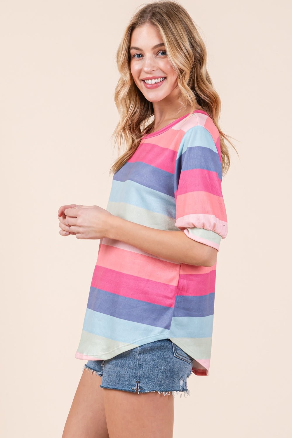 BOMBOM Striped Round Neck Half Sleeve T - Shirt - Jaazi Intl