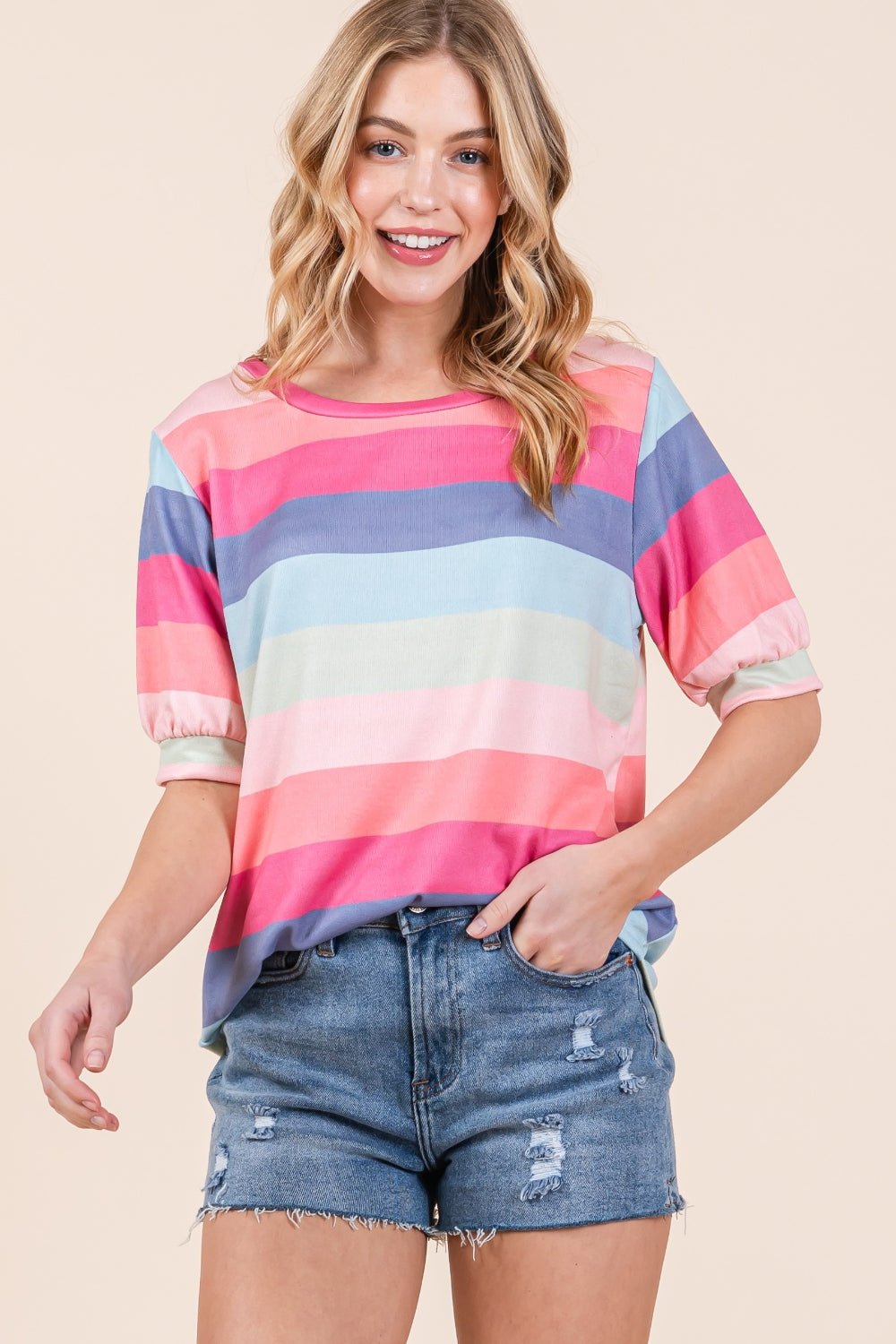 BOMBOM Striped Round Neck Half Sleeve T - Shirt - Jaazi Intl