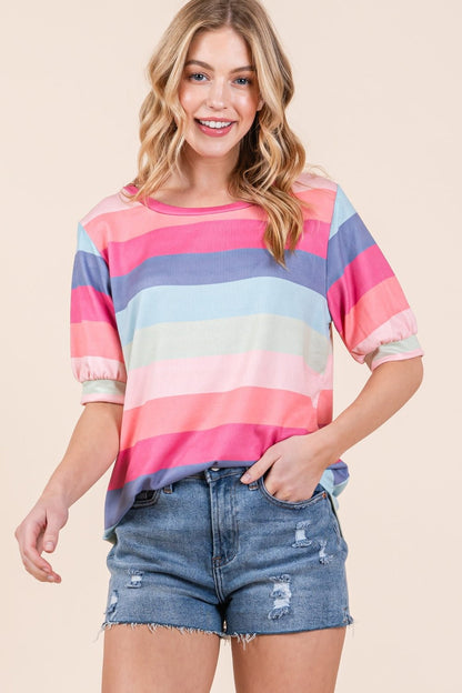 BOMBOM Striped Round Neck Half Sleeve T - Shirt - Jaazi Intl