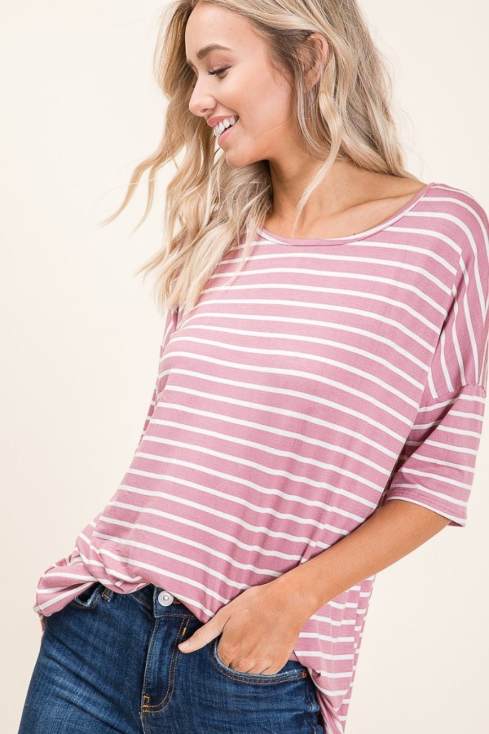 BOMBOM Striped Round Neck Half Sleeve T - Shirt - Jaazi Intl