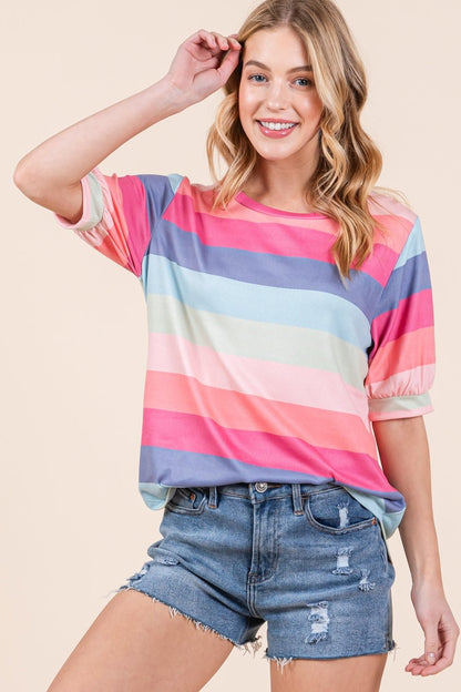 BOMBOM Striped Round Neck Half Sleeve T - Shirt - Jaazi Intl