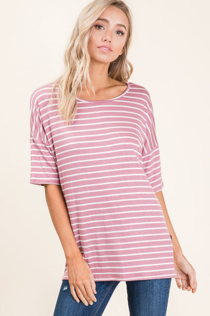 BOMBOM Striped Round Neck Half Sleeve T - Shirt - Jaazi Intl