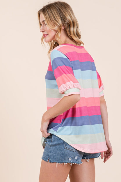 BOMBOM Striped Round Neck Half Sleeve T - Shirt - Jaazi Intl