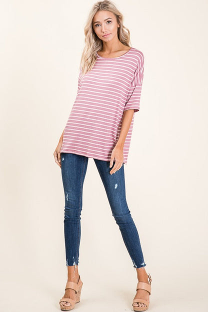 BOMBOM Striped Round Neck Half Sleeve T - Shirt - Jaazi Intl