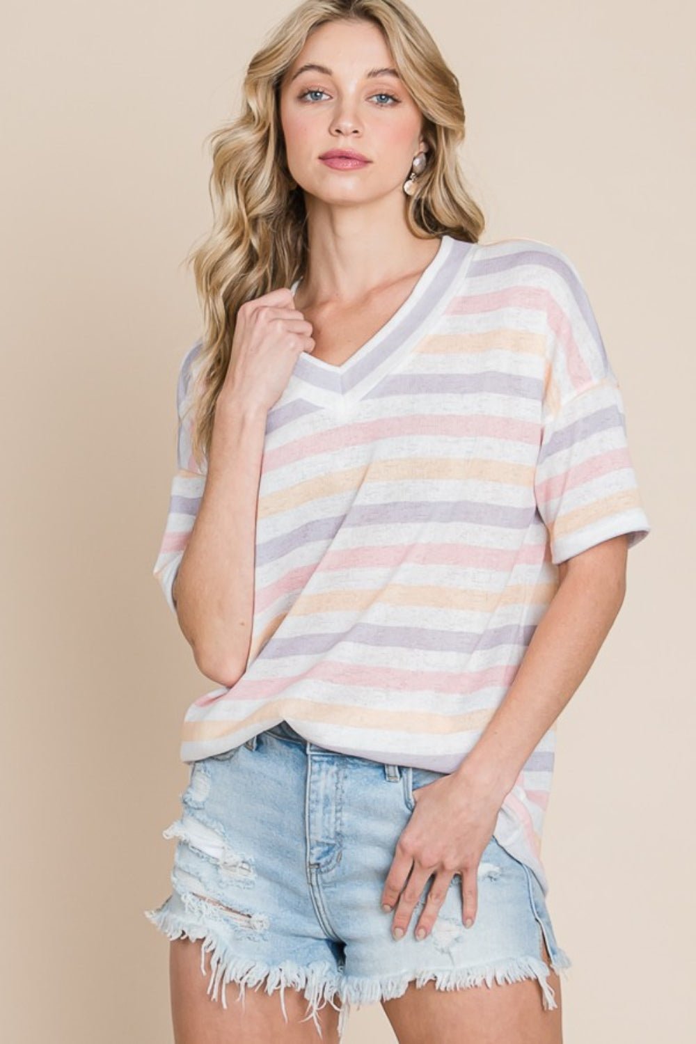 BOMBOM Striped V - Neck Short Sleeve T - Shirt - Jaazi Intl