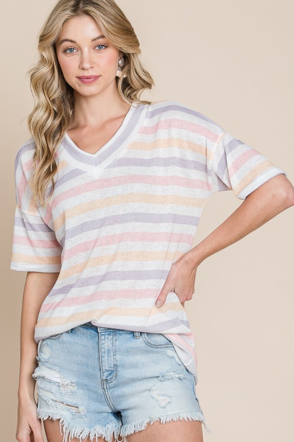 BOMBOM Striped V - Neck Short Sleeve T - Shirt - Jaazi Intl