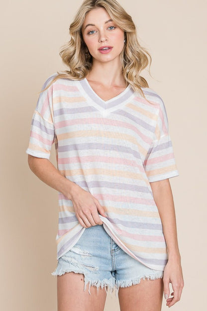 BOMBOM Striped V - Neck Short Sleeve T - Shirt - Jaazi Intl